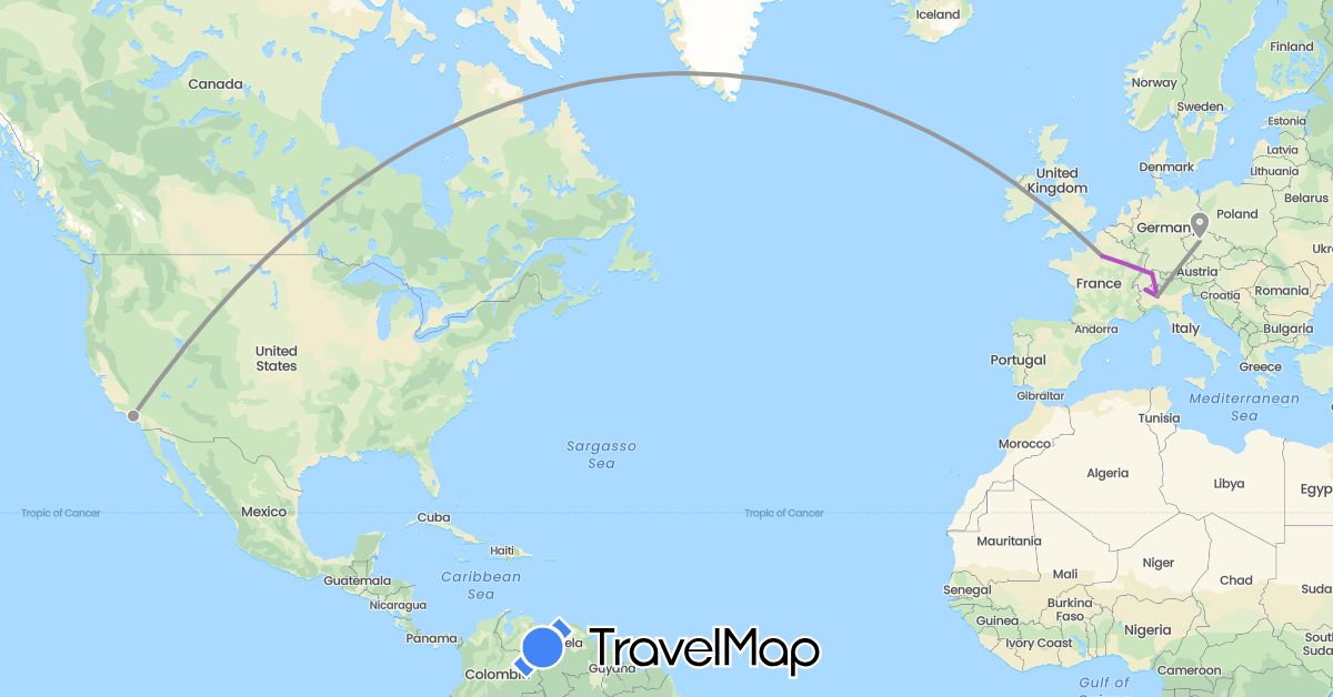 TravelMap itinerary: driving, plane, train in Switzerland, Czech Republic, France, Italy, United States (Europe, North America)